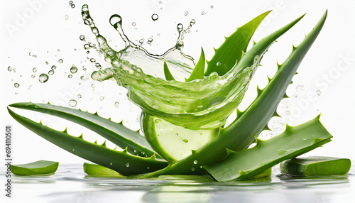 Aloe vera gel splash with aloevera plant isolated on white background.