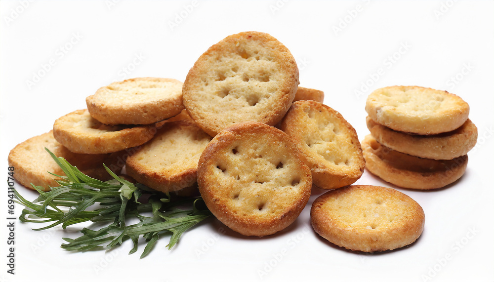 Baked crackers, round bread croutons isolated on white background