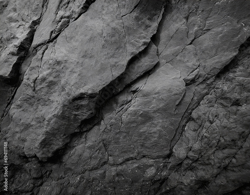 Black white rock texture. Dark gray stone granite background for design. Rough cracked mountain surface. Close-up. Crumbled.