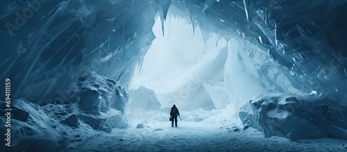 Explorer finding giant frozen fossil in stunning ice cave. photo