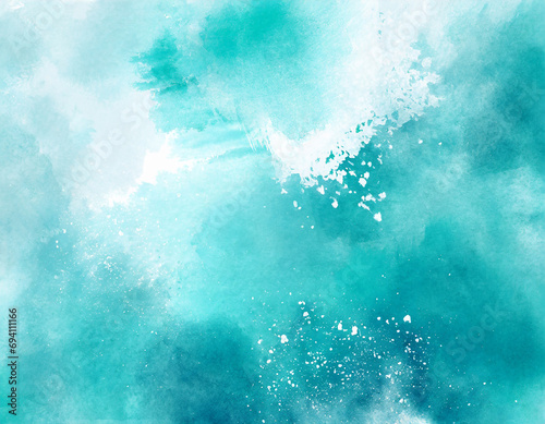 Blue turquoise teal mint cyan white abstract watercolor. Colorful art background. Light pastel. Brush splash daub stain grunge. Like a dramatic sky with clouds. Or snow storm cold wind frost winter