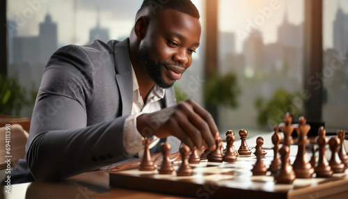Businessman moving chess piece on chess board game photo