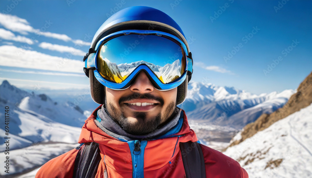 Close Up Of The Ski Goggles Of A Man With The Reflection Of Snowed Mountains. Man In The Background Blue Sky. Winter Sports. Close Up Of The Ski Goggles Of A Man With The Reflection Of Snowed Mountains. Man In The Background Blue Sky. Winter Sports.