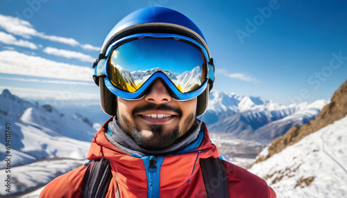 Close Up Of The Ski Goggles Of A Man With The Reflection Of Snowed Mountains. Man In The Background Blue Sky. Winter Sports. © Donald
