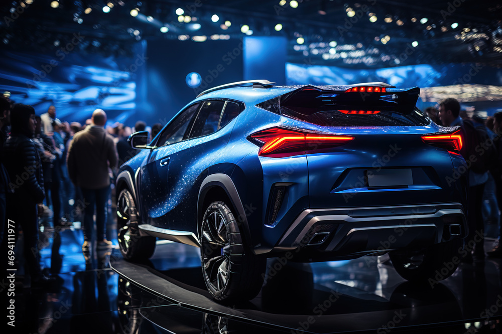 Metallic blue concept car showcased at an auto show, with crowd admiring the futuristic design under the spotlight.