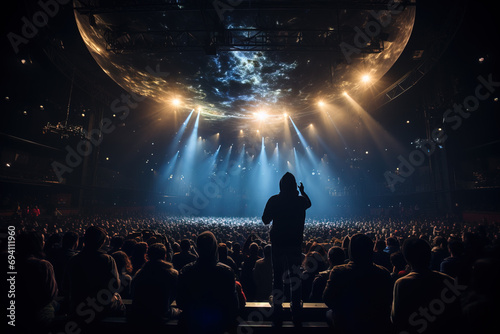 Silhouetted performer on stage with expansive crowd under bright stage lights at a vibrant indoor concert event.