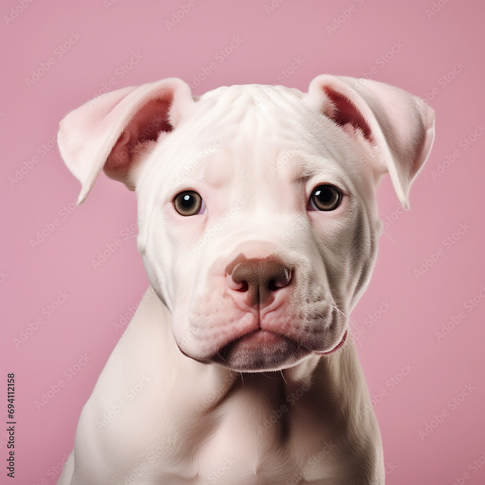 cute white pitbull on a pink background