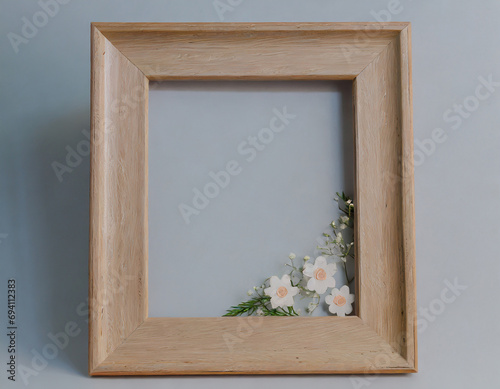 Empty wooden picture frame with floral ornament  minimalist  copy space