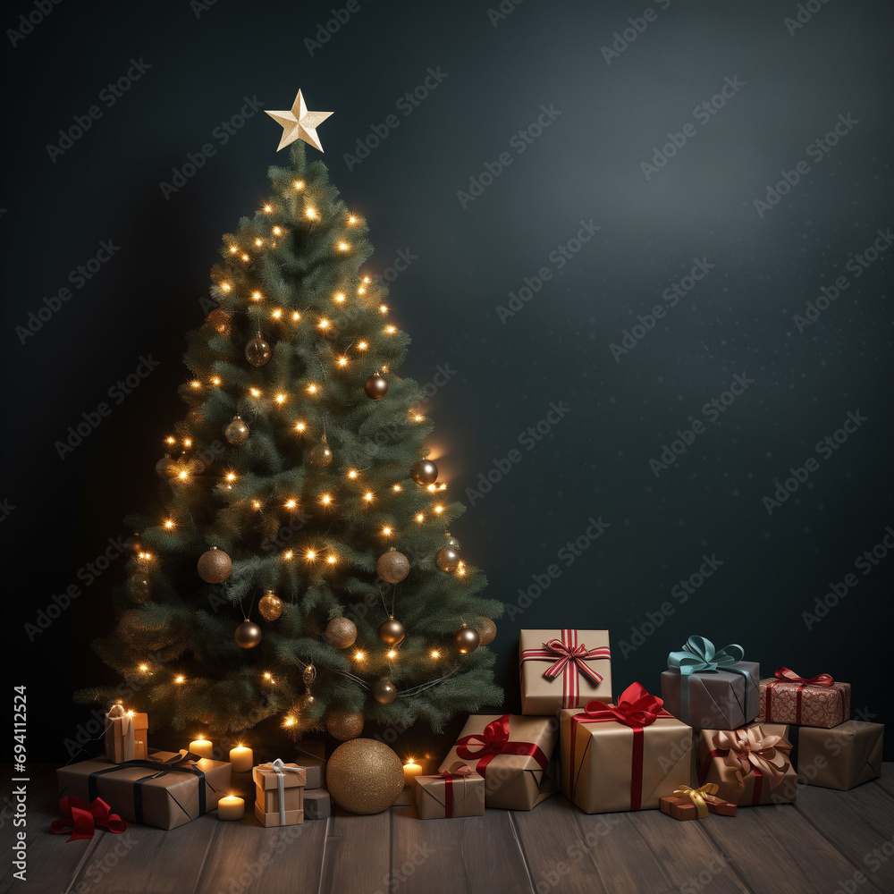 Christmas tree with yellow balls and lights with christmas gifts on dark background with space for copy space text. Festive atmosphere. Christmas Eve