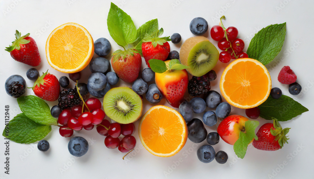 Fruit and berry mix isolated on white background, top view Fruit and berry mix isolated on white background, top view