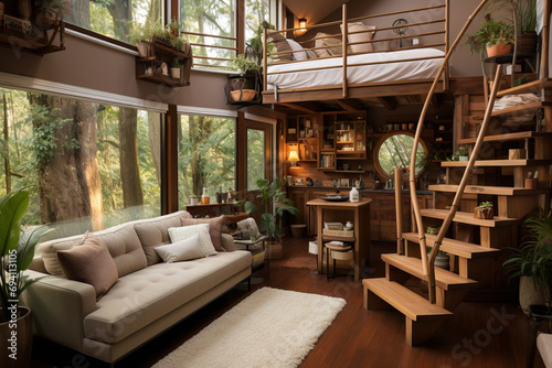 Modern rustic cabin interior with cozy living space, forest view, and wooden bunk bed accessed by staircase.