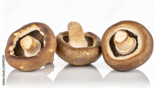 Group of three whole fresh Shiitake mushrooms on white background