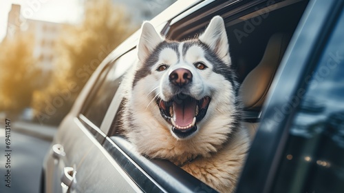 A photo of a Siberian Husky dog in a car, sticking its muzzle out of the window photo