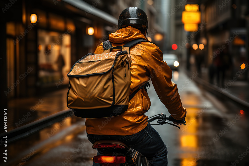 Delivery rider in reflective gear on a motorcycle at dusk, cruising down a rainy city street lined with glowing evening lights.