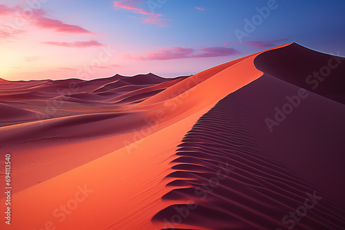 Sunset over desert sand dunes with warm orange hues casting shadows on the arid landscape  reflecting tranquility and vastness.