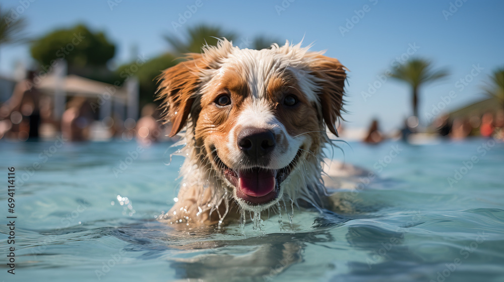 Joyful Border Collie swimming in a pool with a close-up shot on a sunny day, showcasing water droplets and a happy expression. Joyful Border Collie swimming in a pool with a close-up shot on a sunny day, showcasing water droplets and a happy expression.