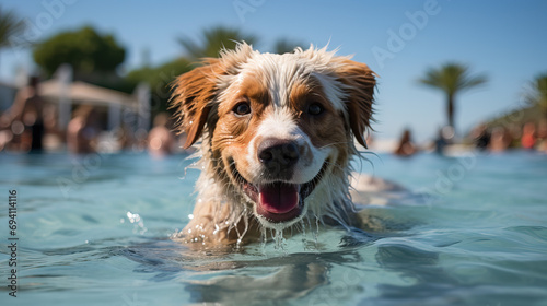 Joyful Border Collie swimming in a pool with a close-up shot on a sunny day, showcasing water droplets and a happy expression.