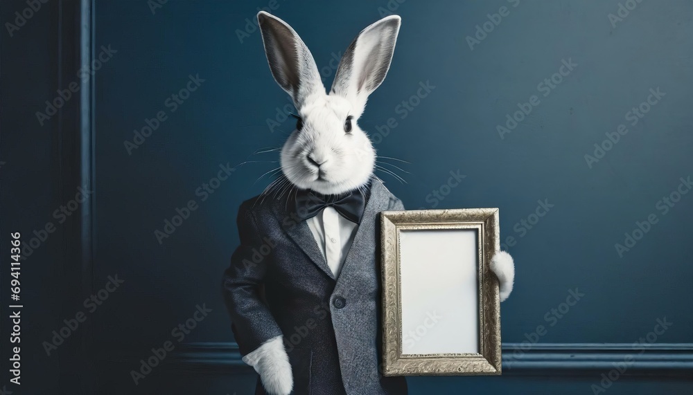 Hase / Weißes Kaninchen in Vintage-Anzug präsentiert einen leeren Bilderrahmen vor blauer Wand. Mockup. Fotorealistische Illustration. Hintergrund - obrazy, fototapety, plakaty 