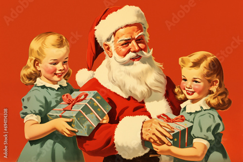 1950s painted vintage style christmas card with a fictional jolly santa claus surrounded by happy children, blank background