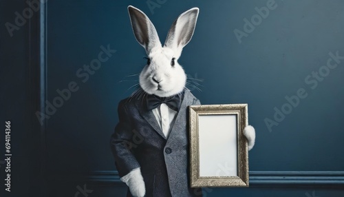 Hase / Weißes Kaninchen in Vintage-Anzug präsentiert einen leeren Bilderrahmen vor blauer Wand. Mockup. Fotorealistische Illustration. Hintergrund