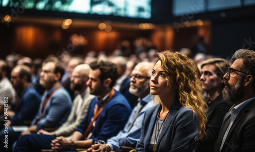 Audience Engaged in Focused Attention at a Professional Conference Event, Listening to Speakers on Stage, Business Seminar in Modern Venue photo
