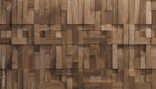 Timber, Wood Wall background with tiles. 3D, tile Wallpaper with Soft sheen, Square blocks. 3D Render photo