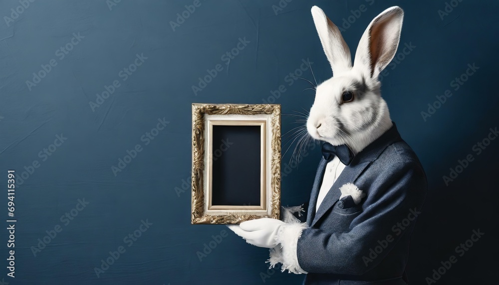 Hase / Weißes Kaninchen in Vintage-Anzug präsentiert einen leeren Bilderrahmen vor blauer Wand. Mockup. Fotorealistische Illustration. Hintergrund - obrazy, fototapety, plakaty 