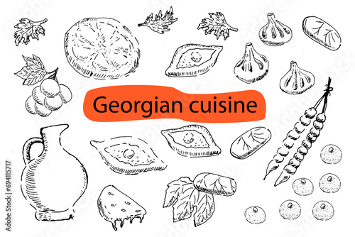 Set of georgian food elements in doodle outline. Vector illustration can use for georgia menu background, wallpaper, banner and flyer. Outline set of georgia cuisine food in hand drawn sketch style. 