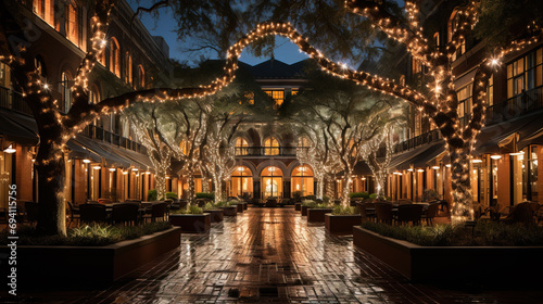 An inviting courtyard garden at dusk, adorned with fairy lights and a serene ambiance, showcasing elegant architecture and outdoor seating.