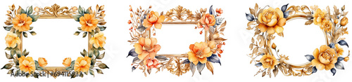 A collection of watercolor gold frames with flowers in PNG format or on a transparent background. Decorations and watercolor-painted floral design elements for a project, banner, postcard, business.
