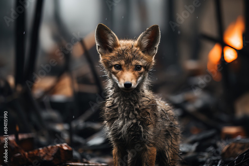 A wet fox gazes alertly amidst the charred remains of a forest post-fire, symbolizing resilience and survival.
