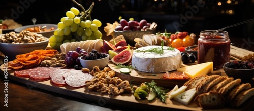 Exquisitely adorned table for catering at corporate or wedding event, featuring assorted snacks and appetizers.