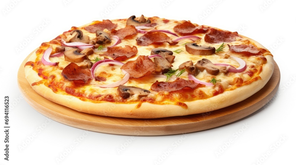 Delicious pizza with mushrooms and bacon, on a white background, Delicious pizza with mushrooms and bacon, on a white background,