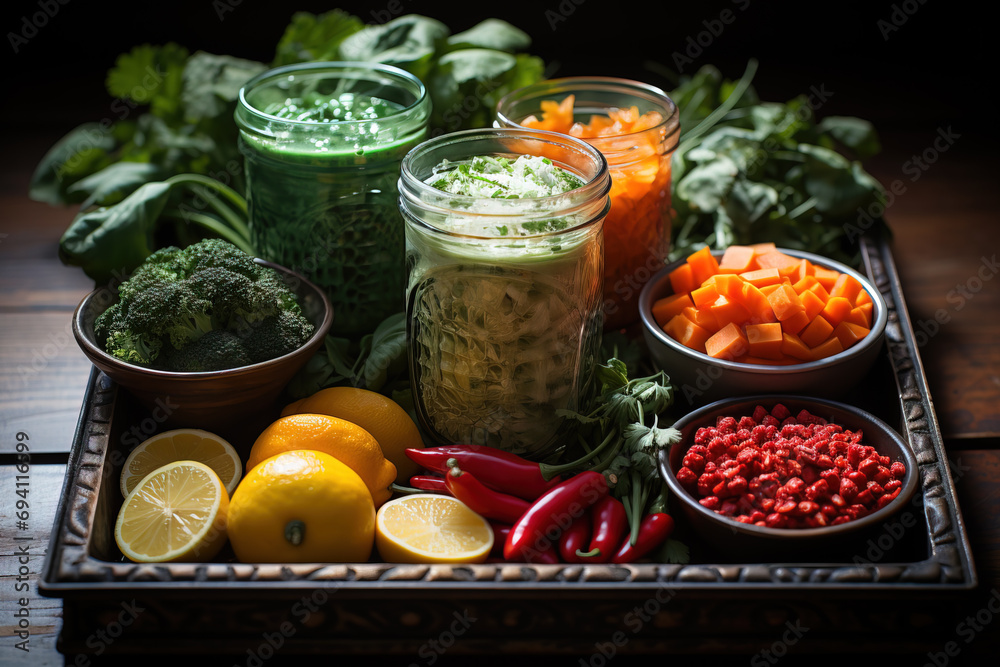 Assortment of fresh ingredients for a healthy meal prep on a wooden table with a dark moody background. Assortment of fresh ingredients for a healthy meal prep on a wooden table with a dark moody background.