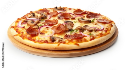 Delicious pizza with mushrooms and bacon, on a white background,