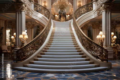 Luxurious grand staircase in a mansion with ornate details and an opulent chandelier, capturing a symmetrical, prestigious interior.