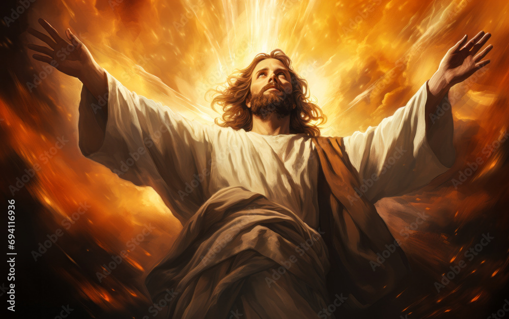 Jesus Robe Drawing Spiritual portrayal of Jesus Christ in robes raising hands towards ...
