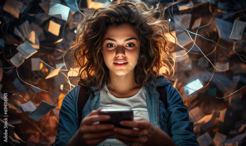 Mesmerized Young Woman Engulfed in a Dynamic Swirl of Floating Smartphones and Digital Debris, Symbolizing Information Overload and Social Media Chaos photo