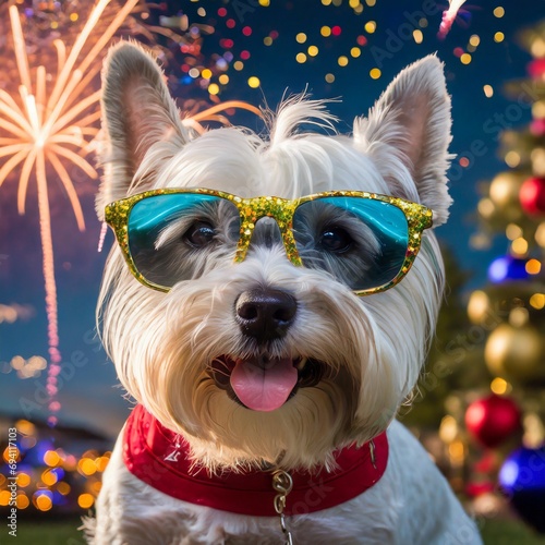 Westie during New Year's wearing glasses with fireworks in the background.  © Garrett Chinn