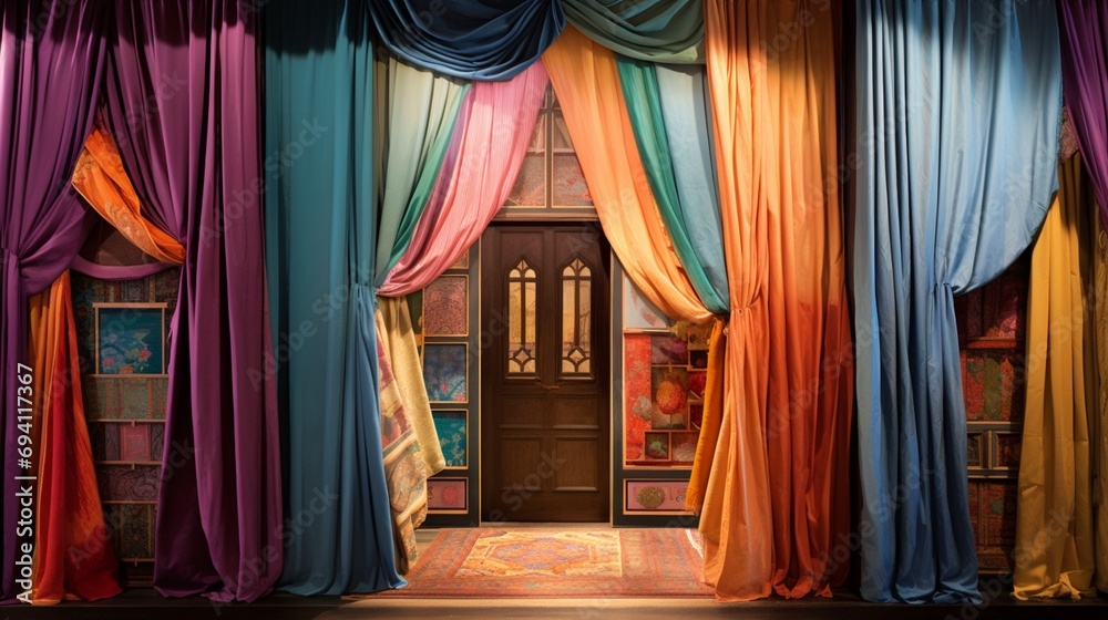 A doorway draped in ornate Passover fabrics, each fold telling tales of shared heritage