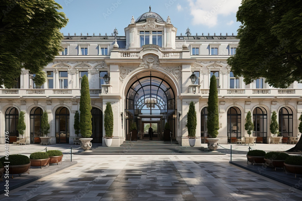 Elegant classical architecture of a luxurious hotel entrance with topiary and manicured gardens.