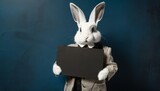 Weißer Hase / weißes Kaninchen in Vinatge-Anzug hält leeres schwarzes Schild aus Karton vor sich. Mockup. Zum selbst beschriften. Vor dunkelblauer Wand. Fotorealistische Illustration. Hintergrund