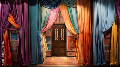 A doorway draped in ornate Passover fabrics  each fold telling tales of shared heritage