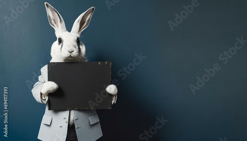 Weißer Hase / weißes Kaninchen in Vinatge-Anzug hält leeres schwarzes Schild aus Karton vor sich. Mockup. Zum selbst beschriften. Vor dunkelblauer Wand. Fotorealistische Illustration. Hintergrund photo