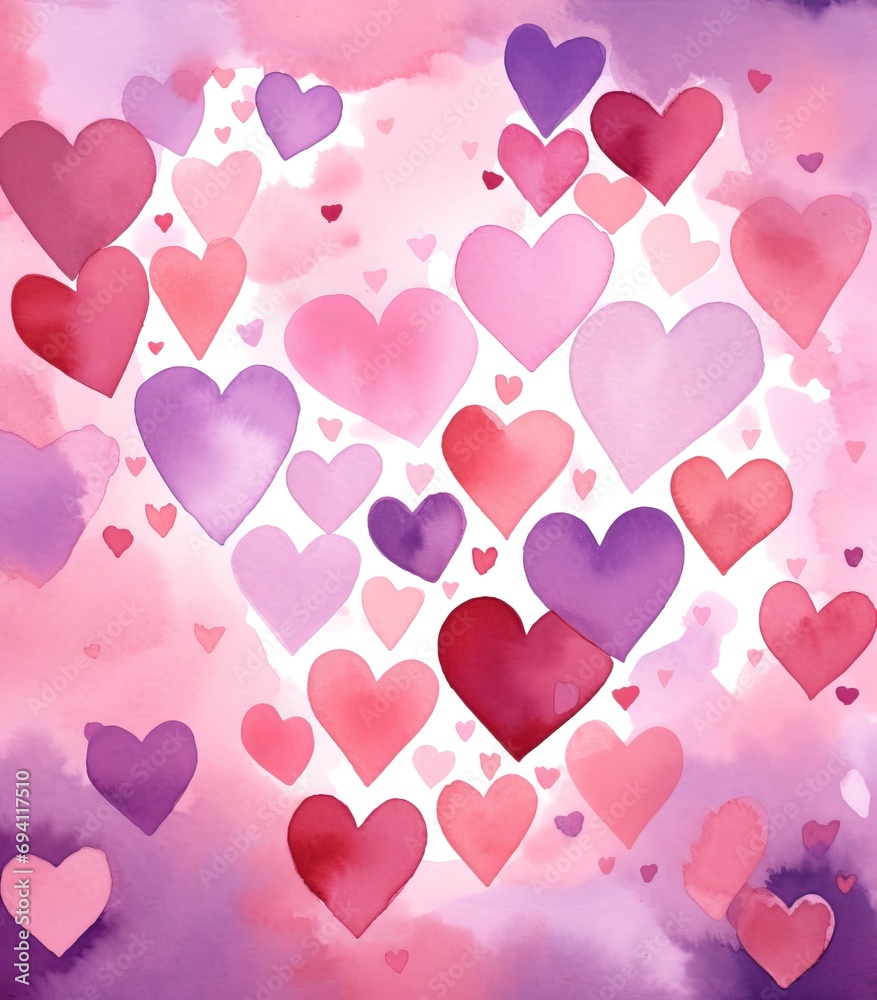 Valentines Day Watercolor Painting with hearts. This image can be used for romantic Valentine's Day celebrations.