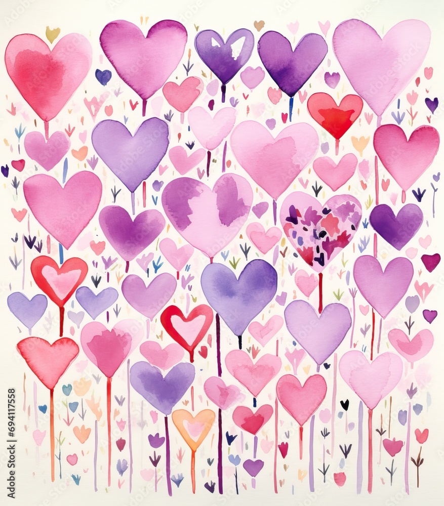 Watercolor hand drawn seamless pattern of red and purple hearts, envelopes for Valentine's day Isolated on white background. Design for paper, love, greeting cards, textile, print, wallpaper, wedding.