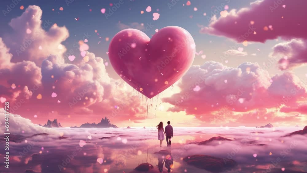 Romantic illustration. A couple in love in a magical romantic wonderland with pink clouds and a big heart in the sky. Valentine's Day, wedding, greeting card