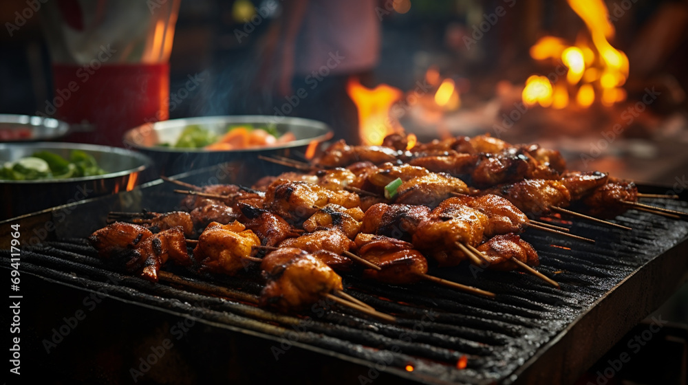 Grilled chicken on a barbecue grill with flames in the background.