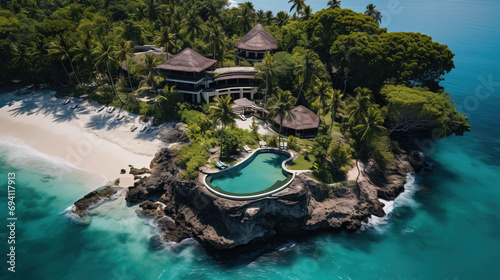 Aerial view of a luxury resort on a tropical island with an infinity pool, surrounded by lush greenery and turquoise waters.