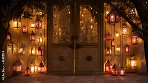 A door adorned with softly lit Passover lanterns, creating an ambiance of warmth and festivity